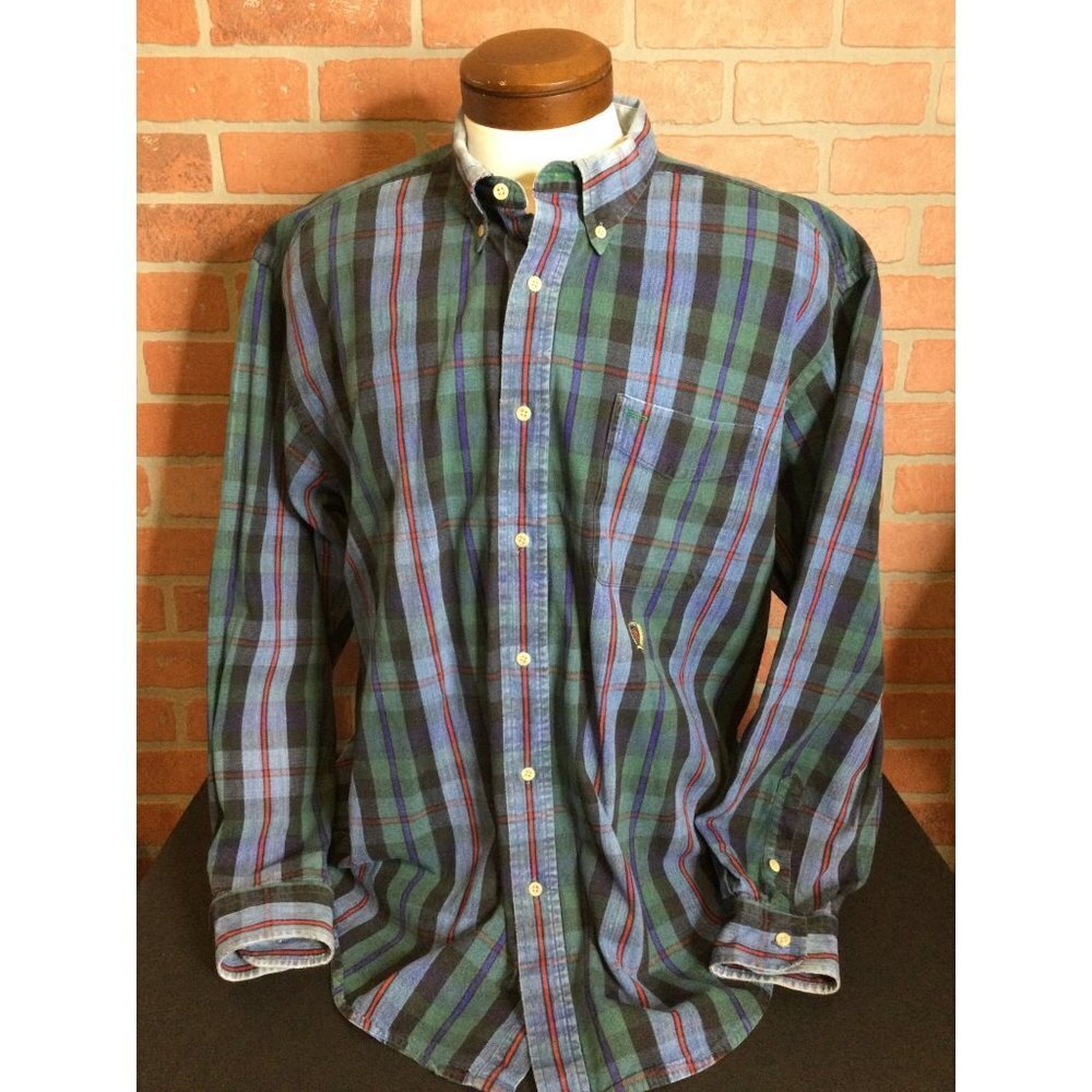 Vintage Tommy Hilfiger Men's Denim Plaid Button Down Shirt Crest Logo Size XL